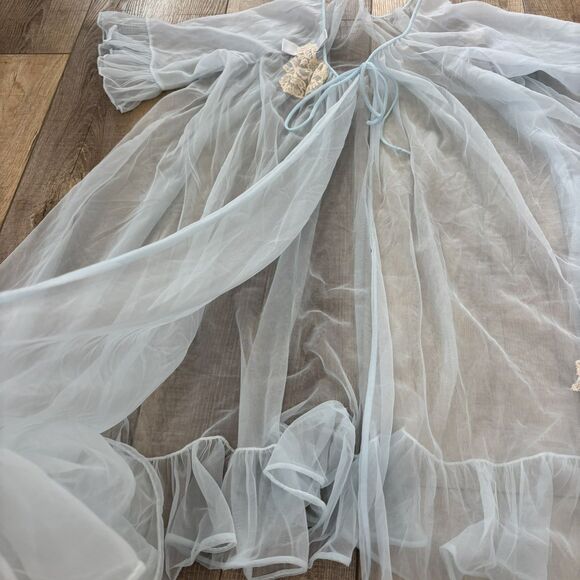 Vtg Lisette Lingerie Blue Lace Chiffon Robe Sz Med Peignoir Negligee Sheer Lace - Picture 9 of 13